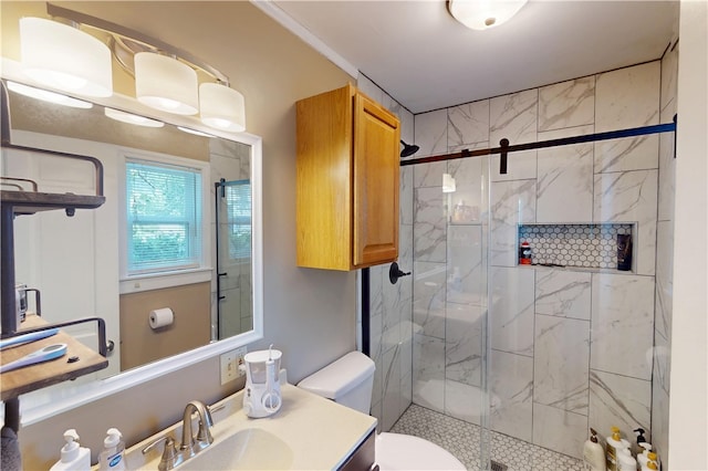 220 W Highland St, Siloam Springs, AR 72761 - bathroom featuring a marble finish shower, toilet, and vanity