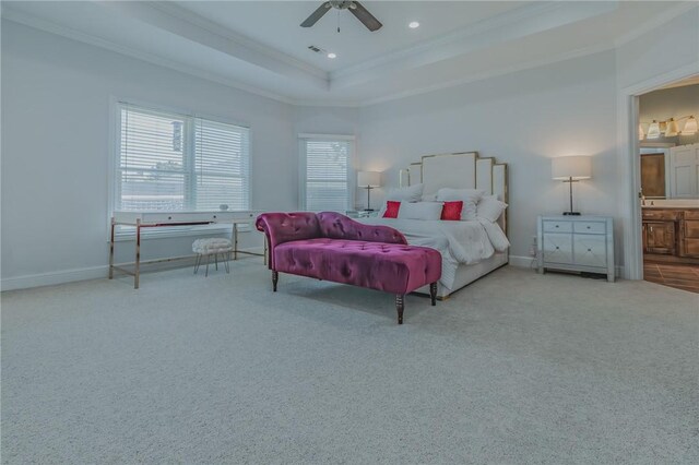 4 W Colonial Dr, Rogers, AR 72758 - bedroom featuring crown molding, carpet floors, a raised ceiling, baseboards, and a ceiling fan