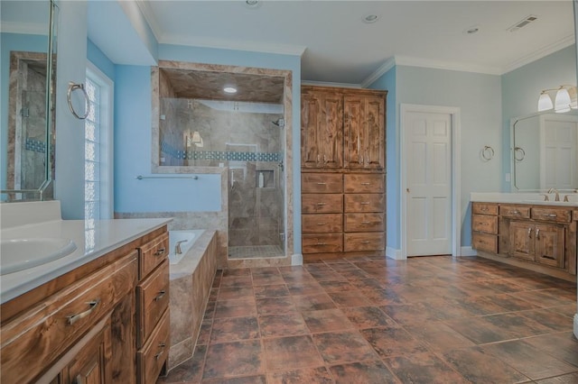 4 W Colonial Dr, Rogers, AR 72758 - bathroom with two vanities, a stall shower, a garden tub, crown molding, and baseboards