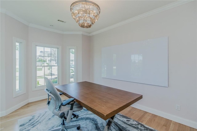 4 W Colonial Dr, Rogers, AR 72758 - home office featuring light wood-style flooring, baseboards, crown molding, and a chandelier