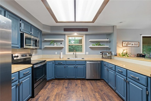 81 Overton Dr, Bella Vista, AR 72714 - kitchen featuring appliances with stainless steel finishes, a sink, open shelves, and blue cabinetry
