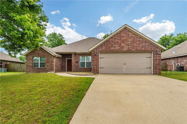 202 Camden Dr, Rogers, AR 72756 - view of front of property featuring brick siding, central AC unit, a garage, concrete driveway, and a shingled roof