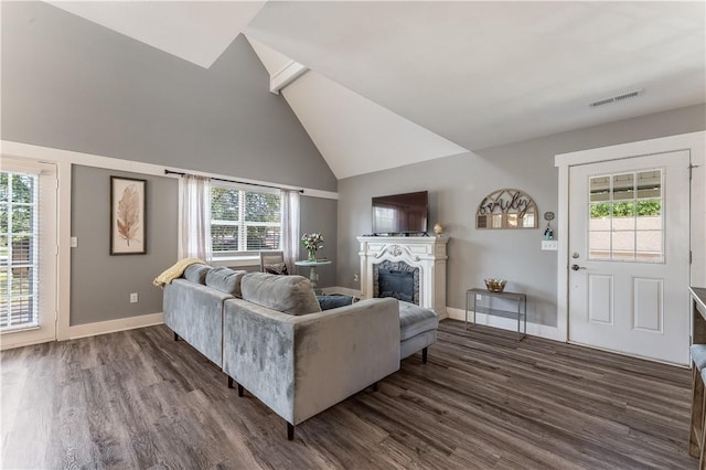 413 W Tahlequah St, Siloam Springs, AR 72761 - living area featuring dark wood finished floors, baseboards, healthy amount of natural light, and high vaulted ceiling