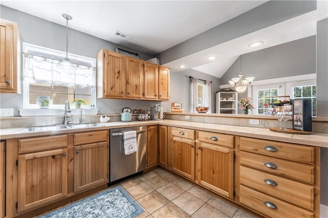 413 W Tahlequah St, Siloam Springs, AR 72761 - kitchen featuring dishwasher, a sink, light tile patterned flooring, light countertops, and vaulted ceiling