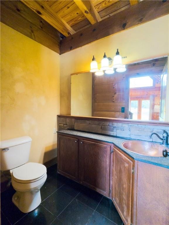 463 County Road 2281, Eureka Springs, AR 72631 - bathroom featuring wood ceiling with exposed beams, vanity, toilet, and tile patterned floors