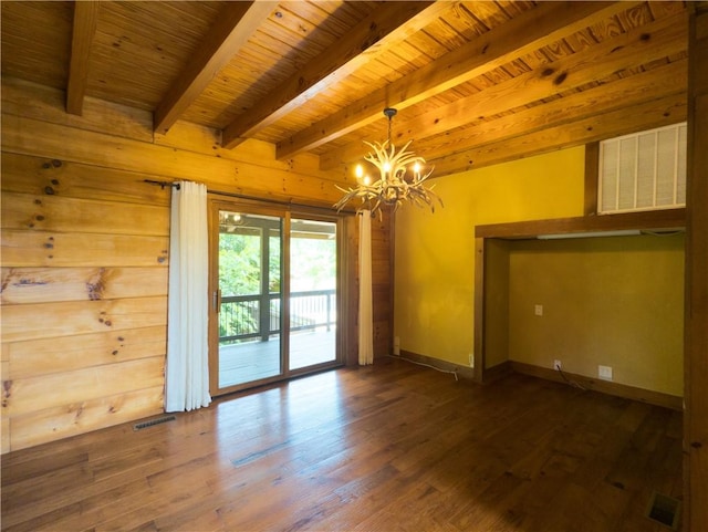 463 County Road 2281, Eureka Springs, AR 72631 - spare room with a chandelier, wood finished floors, wood ceiling with exposed beams, and baseboards