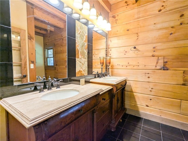 463 County Road 2281, Eureka Springs, AR 72631 - bathroom featuring vanity, wood walls, and tile patterned flooring