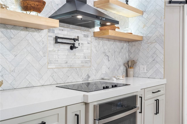 18097 Clear Water Rd, Fayetteville, AR 72704 - kitchen featuring open shelves, wall chimney range hood, stainless steel oven, decorative backsplash, and light countertops
