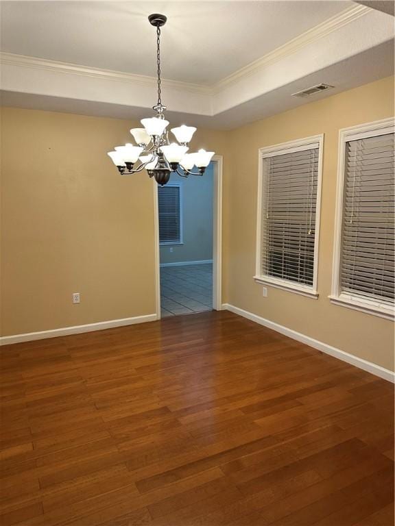 20944 Shady Grove Rd, Siloam Springs, AR 72761 - empty room featuring ornamental molding, a chandelier, wood finished floors, baseboards, and a raised ceiling