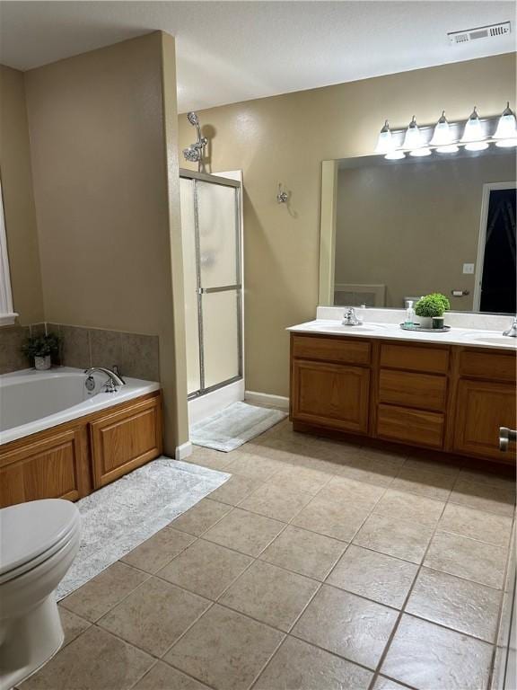 20944 Shady Grove Rd, Siloam Springs, AR 72761 - full bathroom with a shower stall, a bath, double vanity, tile patterned floors, and toilet