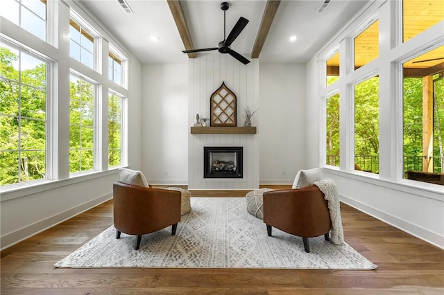41 Westmorland Dr, Bella Vista, AR 72714 - living room with beamed ceiling, baseboards, a fireplace, and recessed lighting