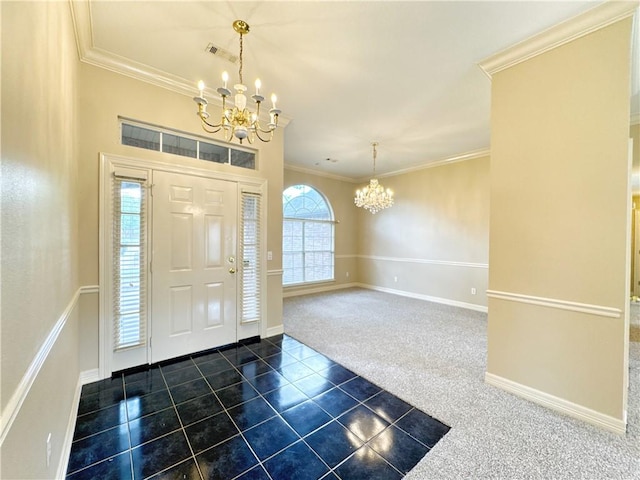 4671 Bailey Cir, Springdale, AR 72762 - foyer featuring a chandelier, dark tile patterned floors, ornamental molding, dark colored carpet, and baseboards