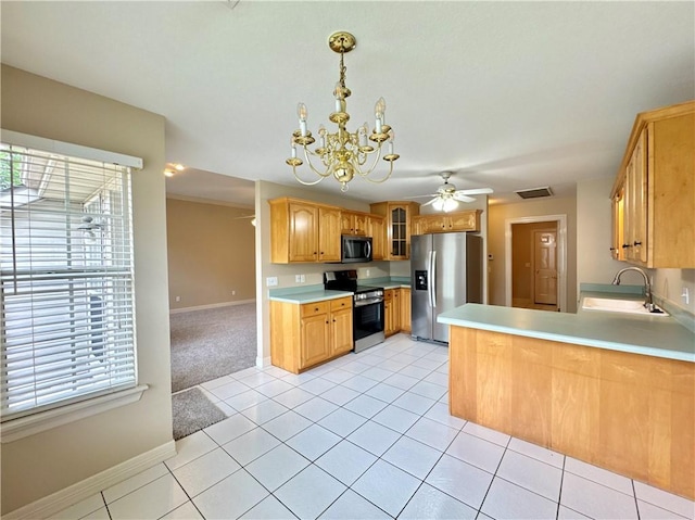 4671 Bailey Cir, Springdale, AR 72762 - kitchen with stainless steel appliances, a sink, a chandelier, ceiling fan, and baseboards