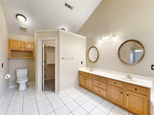 4671 Bailey Cir, Springdale, AR 72762 - full bath with double vanity, tile patterned floors, toilet, baseboards, and lofted ceiling
