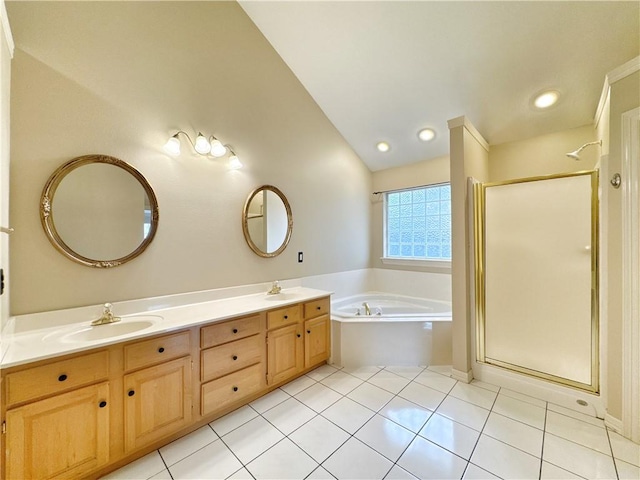 4671 Bailey Cir, Springdale, AR 72762 - full bathroom with a garden tub, a stall shower, double vanity, lofted ceiling, and tile patterned floors