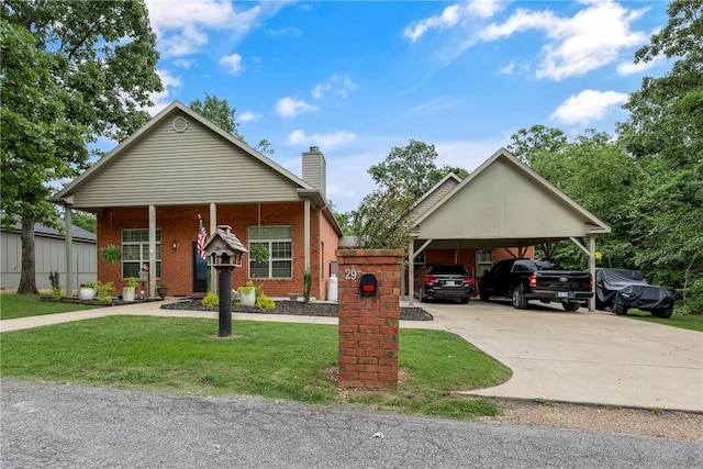 29 Kentallen Ln, Bella Vista, AR 72715 - view of front of house featuring a chimney, brick siding, a carport, a front yard, and concrete driveway