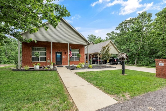 29 Kentallen Ln, Bella Vista, AR 72715 - view of front of home with brick siding, concrete driveway, a front yard, and a carport