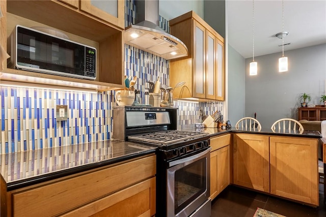 29 Kentallen Ln, Bella Vista, AR 72715 - kitchen with appliances with stainless steel finishes, wall chimney exhaust hood, decorative backsplash, glass insert cabinets, and dark countertops