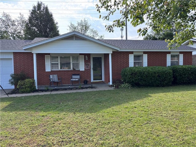 1003 White Rd, Springdale, AR 72762 - single story home with brick siding, an attached garage, a front lawn, a porch, and roof with shingles