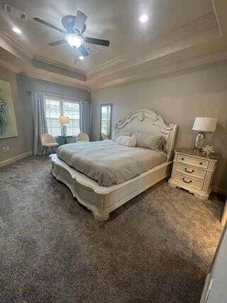 10211 Lydia Ln, Danville, AR 72833 - bedroom with a raised ceiling, ornamental molding, carpet floors, baseboards, and ceiling fan