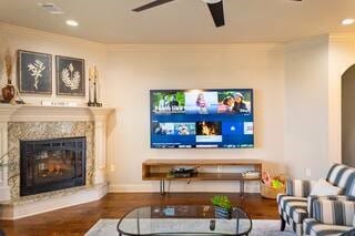 10211 Lydia Ln, Danville, AR 72833 - living area with crown molding, ceiling fan, a premium fireplace, wood finished floors, and recessed lighting