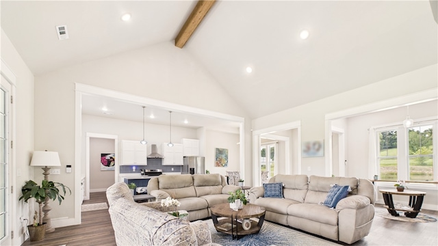 14290 Osage Creek Rd, Springdale, AR 72762 - living room featuring beam ceiling, high vaulted ceiling, dark wood-type flooring, recessed lighting, and baseboards