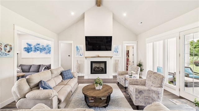 14290 Osage Creek Rd, Springdale, AR 72762 - living room with high vaulted ceiling, a tile fireplace, wood finished floors, beam ceiling, and recessed lighting