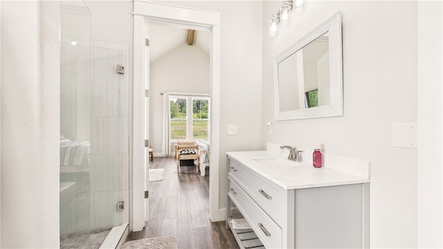 14290 Osage Creek Rd, Springdale, AR 72762 - full bathroom featuring vanity, a shower stall, wood finished floors, and connected bathroom