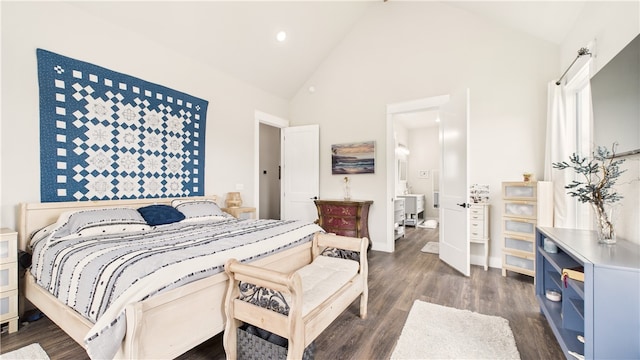 14290 Osage Creek Rd, Springdale, AR 72762 - bedroom featuring dark wood-style floors, high vaulted ceiling, baseboards, and recessed lighting