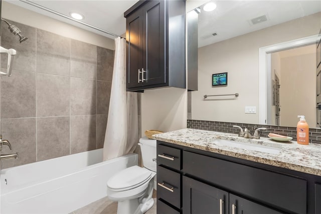 3634 Sugarberry Ln, Springdale, AR 72764 - full bathroom with vanity, shower / tub combo with curtain, toilet, recessed lighting, and tasteful backsplash