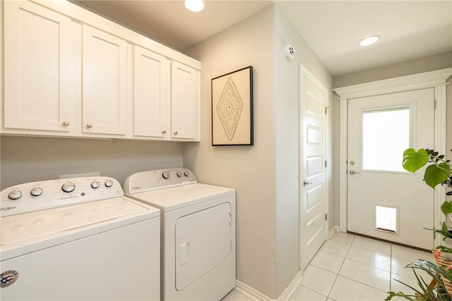 6013 Quinn St, Fayetteville, AR 72704 - laundry area featuring independent washer and dryer, cabinet space, baseboards, light tile patterned floors, and recessed lighting