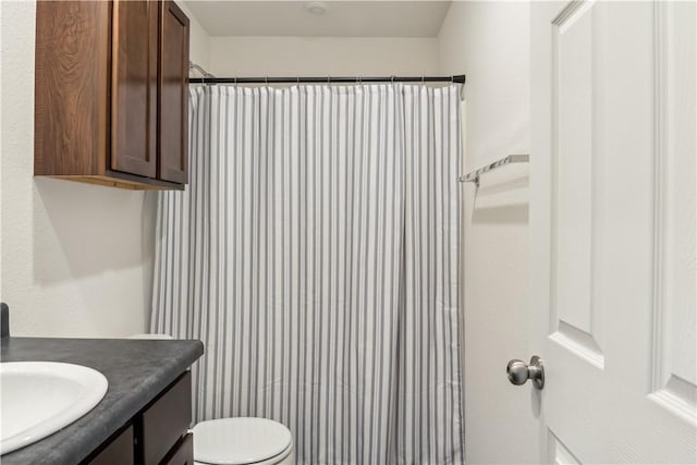 2409 S Silver St, Siloam Springs, AR 72761 - bathroom featuring vanity, toilet, and a shower with shower curtain