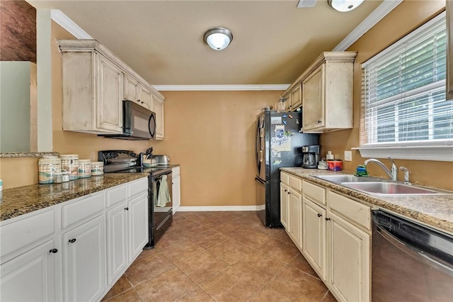 22 Dunstable Dr, Bella Vista, AR 72714 - kitchen with black appliances, a sink, ornamental molding, baseboards, and light tile patterned flooring