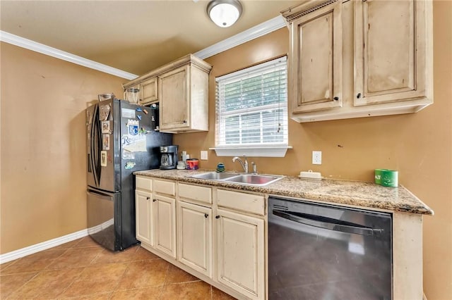 22 Dunstable Dr, Bella Vista, AR 72714 - kitchen featuring dishwasher, a sink, crown molding, freestanding refrigerator, and baseboards