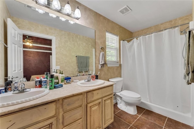 22 Dunstable Dr, Bella Vista, AR 72714 - bathroom featuring double vanity, tile patterned flooring, toilet, and a shower with shower curtain