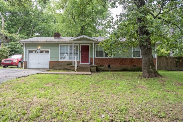 1627 W Hefley St, Fayetteville, AR 72703 - single story home featuring a garage, a chimney, brick siding, asphalt driveway, and crawl space