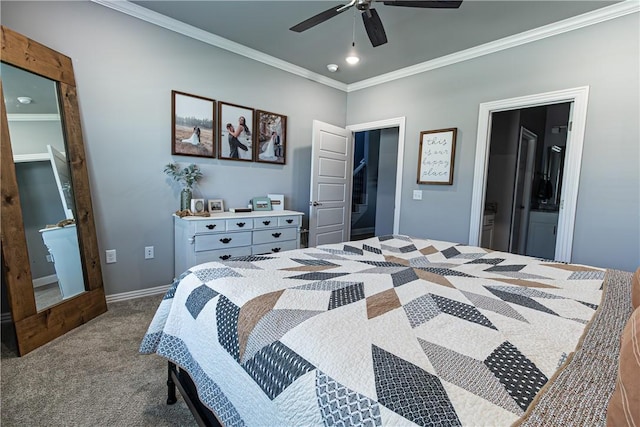 5803 SW Gentle Winds Ave, Bentonville, AR 72713 - carpeted bedroom with ornamental molding, baseboards, a ceiling fan, recessed lighting, and connected bathroom