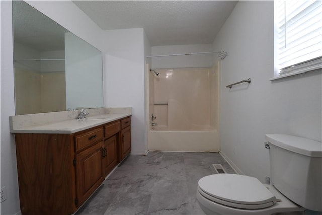 3064 Brandy Ln, Springdale, AR 72762 - bathroom featuring vanity, toilet,  shower combination, baseboards, and a textured ceiling