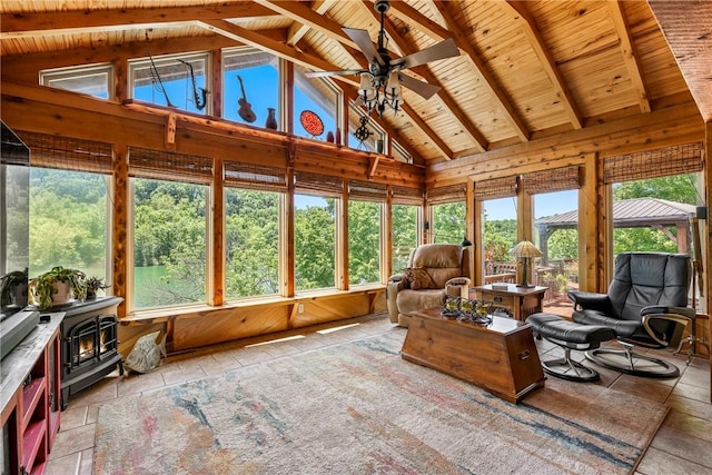 2895 County Road 116, Eureka Springs, AR 72631 - sunroom / solarium with a wood stove, a wood ceiling with exposed beams, and high vaulted ceiling
