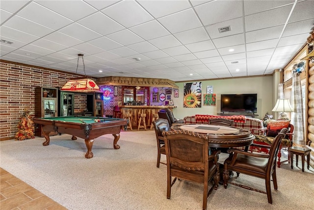 2895 County Road 116, Eureka Springs, AR 72631 - rec room featuring billiards table, a dry bar, a paneled ceiling, carpet flooring, and brick wall