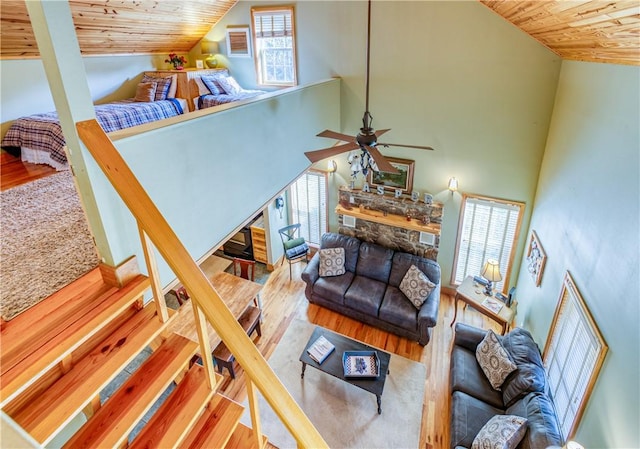 96NC6450 457 NC-6012, Jasper, AR 72641 - living room with wood ceiling, wood finished floors, ceiling fan, and vaulted ceiling