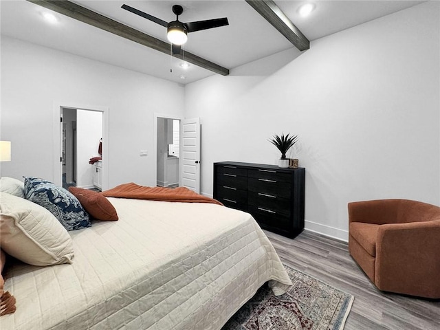 2822 N Grey Squirrel Dr, Fayetteville, AR 72704 - bedroom featuring beamed ceiling, light wood-style flooring, recessed lighting, baseboards, and ceiling fan