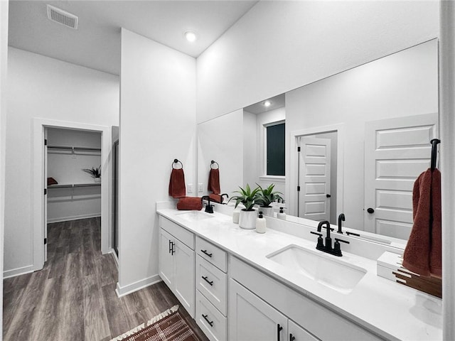 2822 N Grey Squirrel Dr, Fayetteville, AR 72704 - bathroom featuring double vanity, wood finished floors, a spacious closet, baseboards, and recessed lighting