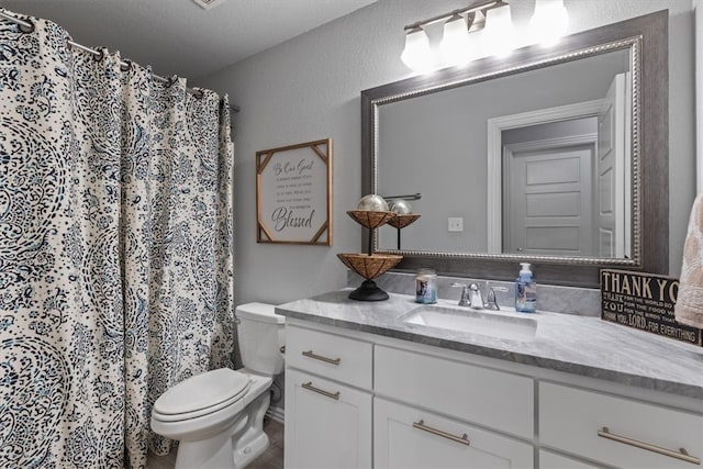 809 Dollar St, Cave Springs, AR 72718 - bathroom featuring vanity, toilet, a shower with shower curtain, and a textured wall