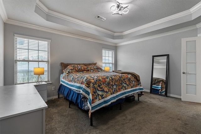 809 Dollar St, Cave Springs, AR 72718 - bedroom featuring a raised ceiling, crown molding, dark colored carpet, baseboards, and a textured ceiling
