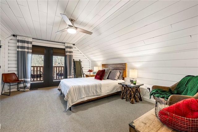 22283 N Log Cabin Dr, Sulphur Springs, AR 72768 - carpeted bedroom with access to exterior, wood ceiling, vaulted ceiling, french doors, and ceiling fan