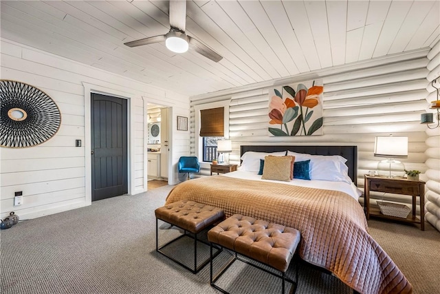 22283 N Log Cabin Dr, Sulphur Springs, AR 72768 - bedroom with carpet, stacked washing machine and dryer, log walls, wooden ceiling, and connected bathroom