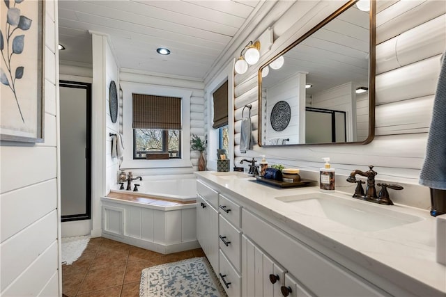 22283 N Log Cabin Dr, Sulphur Springs, AR 72768 - bathroom featuring a shower stall, double vanity, tile patterned floors, a garden tub, and recessed lighting