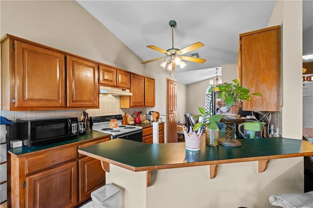 658 Walnut Ridge St, Centerton, AR 72719 - kitchen featuring lofted ceiling, range with electric cooktop, black microwave, under cabinet range hood, and decorative backsplash