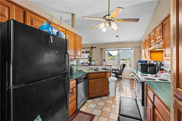 658 Walnut Ridge St, Centerton, AR 72719 - kitchen with black appliances, under cabinet range hood, a sink, brown cabinetry, and lofted ceiling
